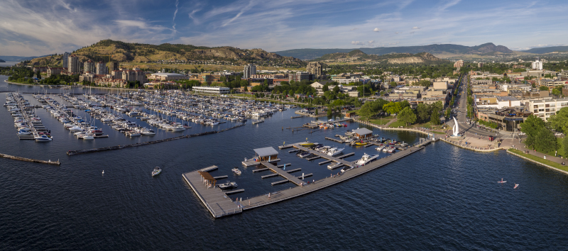 Aerial drone photograph of Kelowna for the Kelowna Downtown Marina and Westcorp
