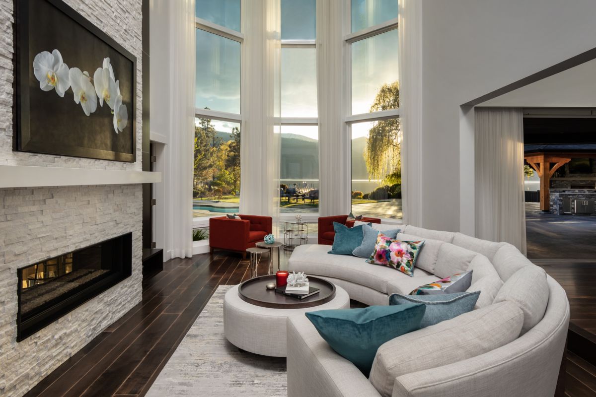 Sunken Living Room with big bay windows Architectural photograph by Shawn Talbot