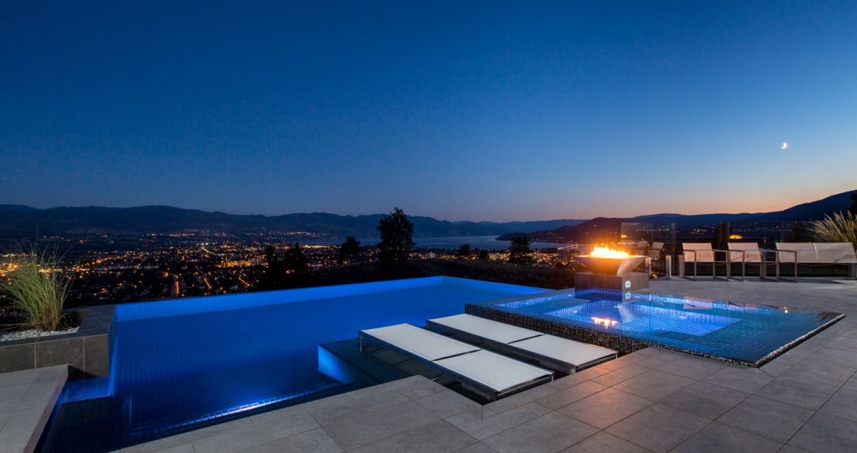 luxury residential pool at dusk in highpoint neighborhood of kelowna bc