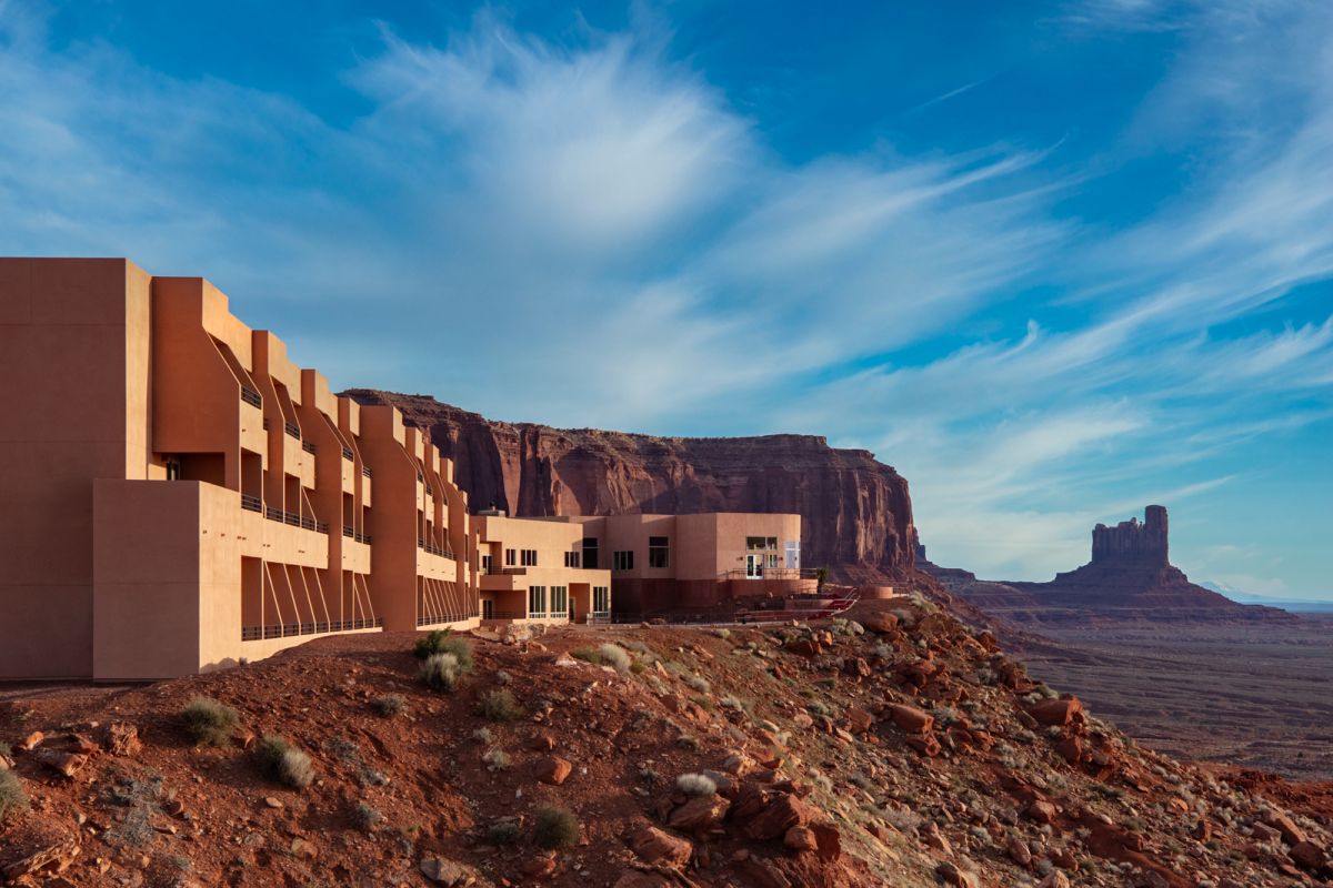 Luxury desert hotel daylight architectural exterior in monument valley in utah, usa.
