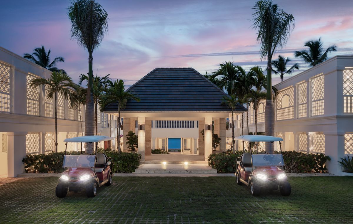 Luxury resort architectural exterior at twilight at Casa de Campo Resort in Dominican Republic
