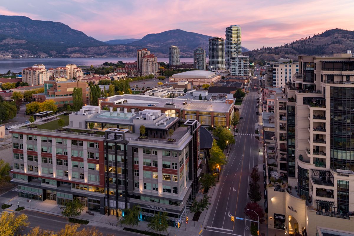 Aerial photographer Shawn Talbot drone image of downtown Kelowna BC at sunset