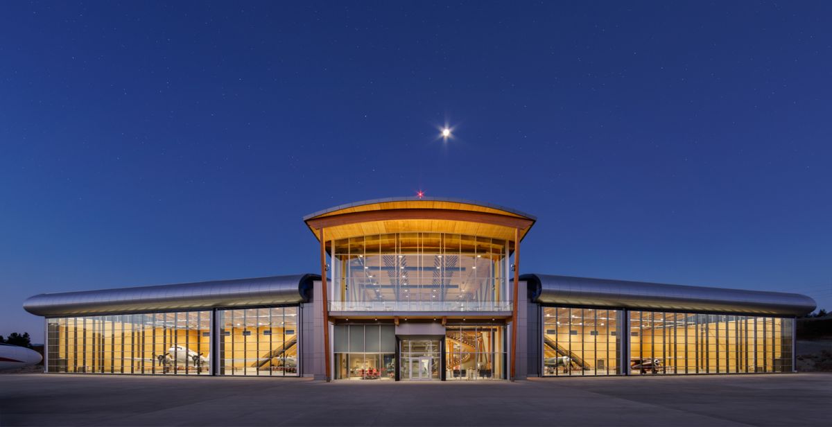 Dusk architectural photograph by Shawn Talbot of KF Aero Centre for Excellence in Kelowna