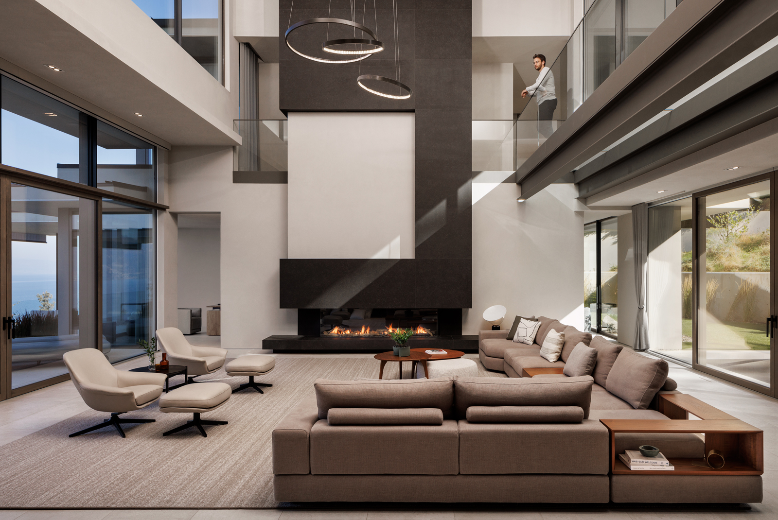 Interior architectural photograph by Shawn Talbot of luxury residential great room with sofas and fireplace