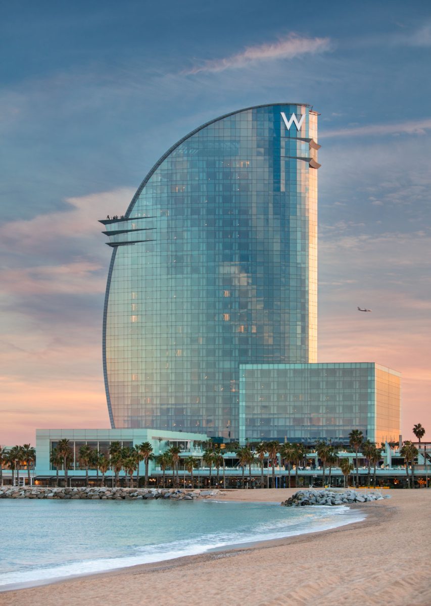 hotel-exterior-architectural-photographer-barcelona-shawn-talbot W Hotel Barcelona architectural exterior at twilight with beach and ocean