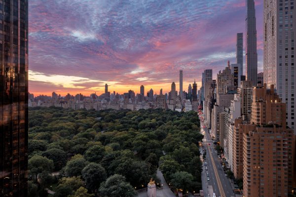 Aerial view of the New York Skyline from the Mandarin Oriental Hotel at Sunrise