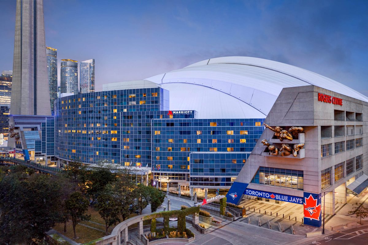 aerial-drone-marriott-toronto-city-centre-hotel-rogers-centre drone aerial of Toronto Marriott City Centre Hotel at Rogers Centre with CN Tower in background
