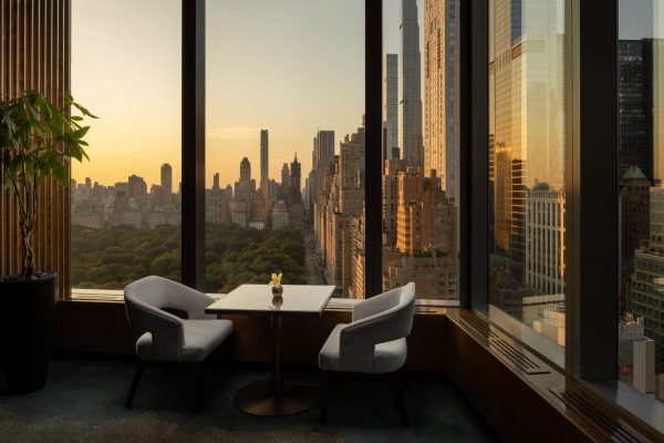 Mandarin Oriental Hotel in New York MO Lounge dining room vignette at sunrise with a view over Central Park